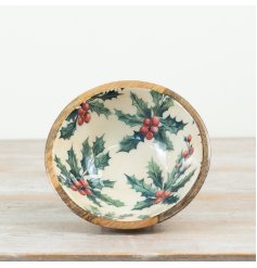 mango wood bowl wholesale, Christmas serving bowl, holly berry bowl, festive table décor, rustic Christmas bowl, 