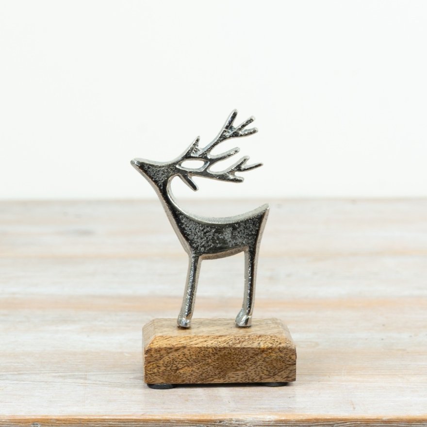 14cm Aluminium Reindeer Ornament on Mango Wood Base