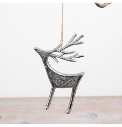 A festive aluminium reindeer decoration complete with a jute hanging string. 