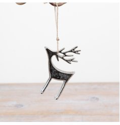 A decorative aluminium reindeer ornament complete with a jute hanging string.