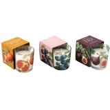 An assortment of 3 beautiful fragranced candles, each with a colourful picture gift box and glass jar. 
