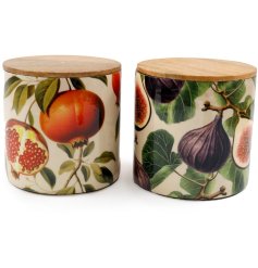 An assortment of 2 richly coloured storage jars, each with a beautiful seasonal photographic design. 
