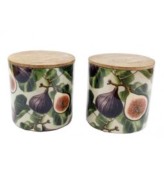 An assortment of 2 richly coloured storage jars, each with a beautiful seasonal photographic design. 