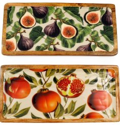 An assortment of 2 charming mango wood trays, each with a colourful seasonal fruit design in enamel. 