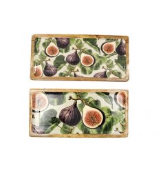 An assortment of 2 charming mango wood trays, each with a colourful seasonal fruit design in enamel. 