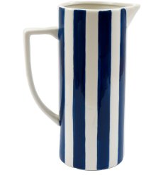 A tall, stylish jug with angular spout and handle. Complete with a hand finished stripe design in a rich blue hue. 