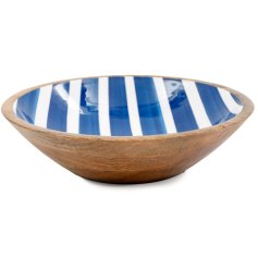 Bring timeless style to your kitchen with this sturdy Blue Stripe Enamel Bowl.