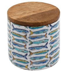 Brighten your kitchen with this 10cm storage jar featuring a charming blue fish design.