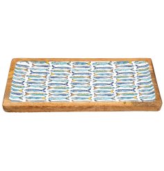 Sturdy and charming wooden sardines enamel tray, perfect for serving with style.