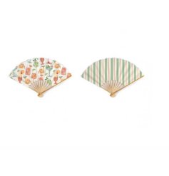 Mix of two vibrant paper fans, each featuring a sturdy wooden handle for easy use.