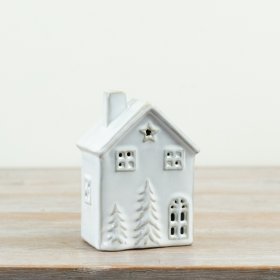 Delightful 13cm porcelain LED house, radiating a cozy glow, runs on three LR44 batteries.