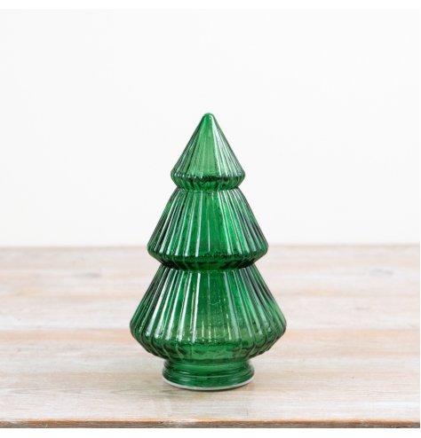 Bring timeless seasonal charm with this elegant green glass LED tree ornament for your festive décor.