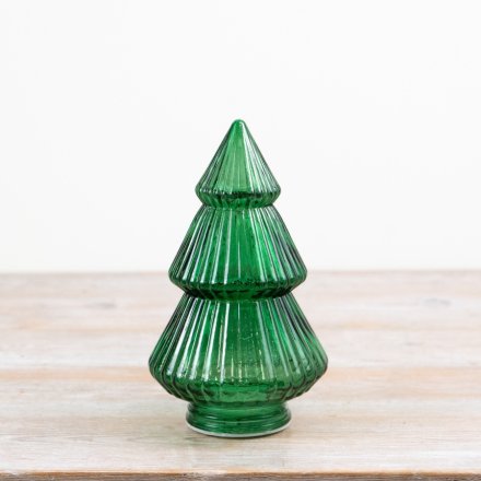 Add a classic festive glow to your seasonal collection with this elegant green glass LED tree decoration.