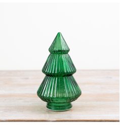 Add a classic festive glow to your seasonal collection with this elegant green glass LED tree decoration.