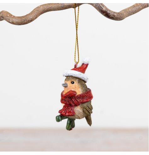 Delightful robin dressed in a festive red Santa hat and cosy scarf