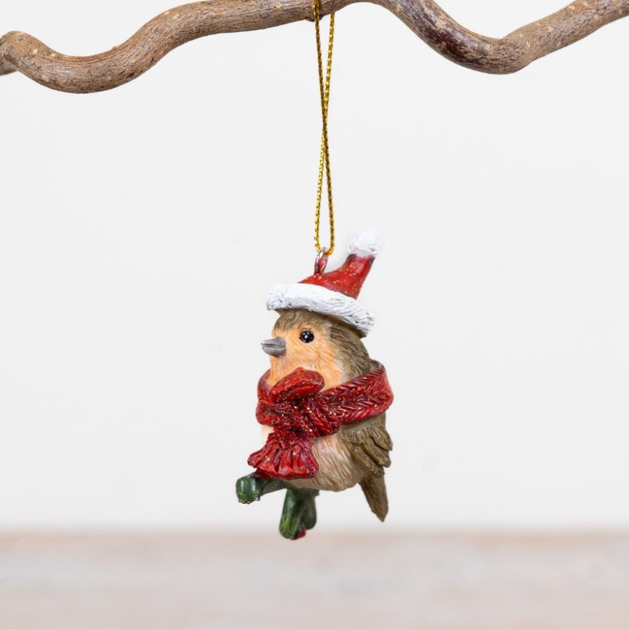 6.5cm Hanging Robin in Santa Hat