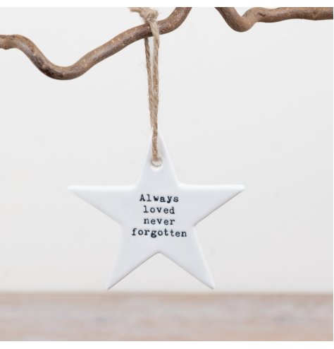 White ceramic star hanger engraved with “Always loved, never forgotten” for a heartfelt tribute.