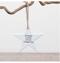 White ceramic star hanger engraved with “Always loved, never forgotten” for a heartfelt tribute.