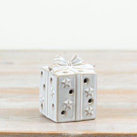 Delightful glowing gift box ornament with lights.