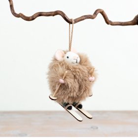 A delightfully fluffy mouse decoration on miniature skis