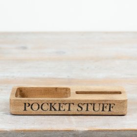 Crafted from natural wood, this compact organiser includes a phone slot and a larger compartment
