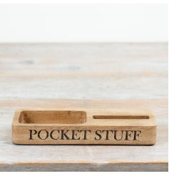 Blending practicality with rustic charm, this wooden organiser provides a simple storage solution for daily essentials.