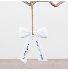 This  "We Wish You A Merry Christmas" Hanging bow is ideal to hang from a tree.