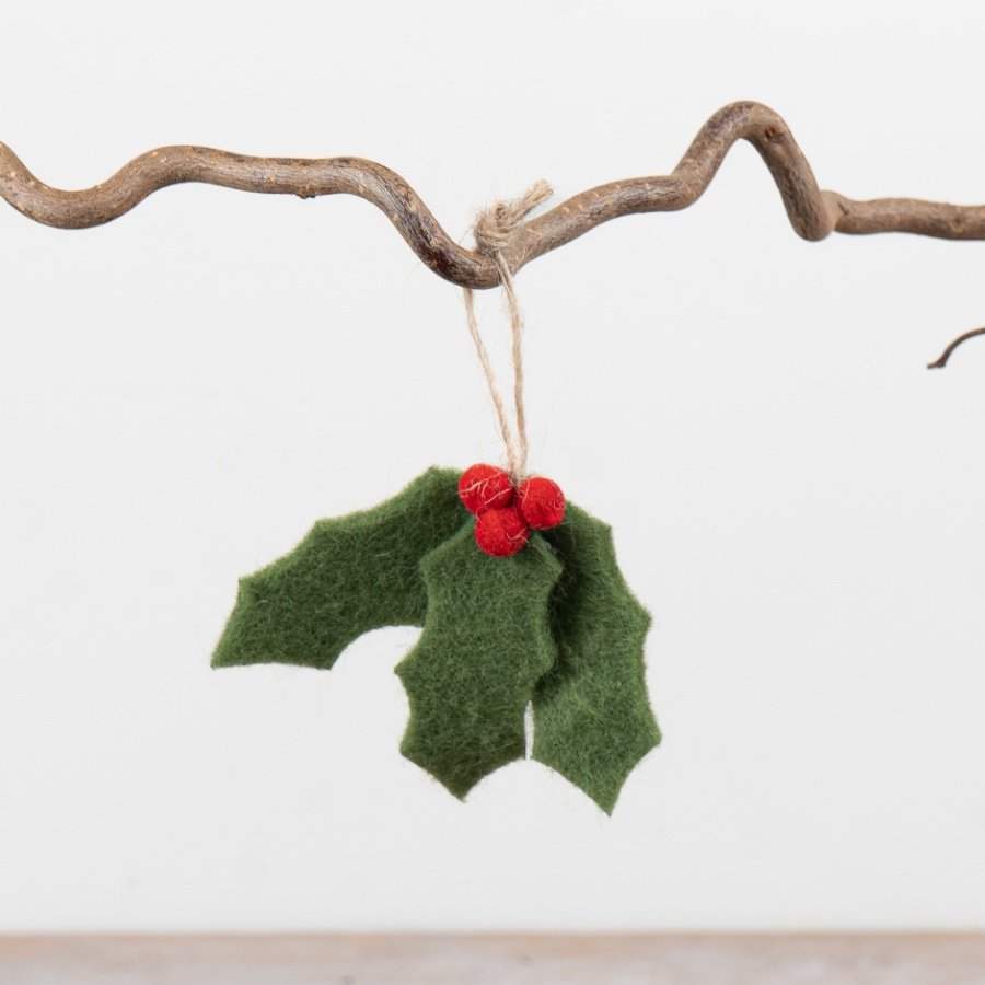 Cute felt holly decoration with jute hanger for festive charm.