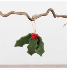Cute felt holly ornament with a rustic jute hanger.