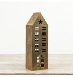 This 31cm metal house lantern features a brushed gold finish with star and window cut-out detailing.