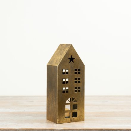 A 20.5cm gold metal lantern crafted in the shape of a townhouse