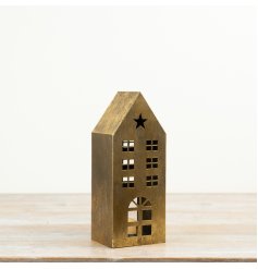 A 20.5cm gold metal lantern crafted in the shape of a townhouse