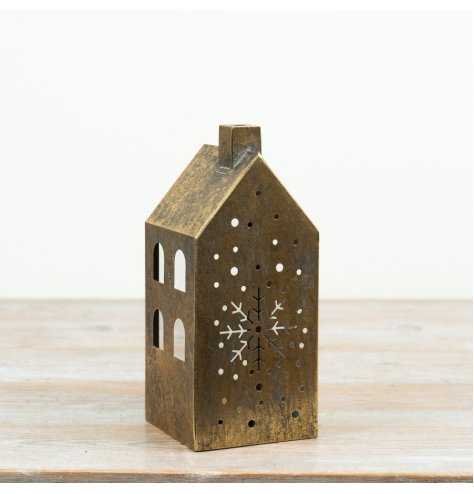 Add warmth to your collection with this distressed antique-style metal house t-light holder.