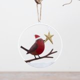 Festive robin ornament showcasing a red-breasted bird wearing a Santa hat for holiday decor.