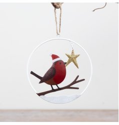 Festive hanging decor with a red-breasted robin wearing a Santa hat