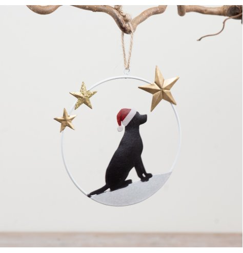 Dog Christmas ornament showcasing a sleek silhouette wearing a festive Santa hat for xmas decor.