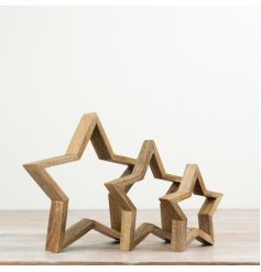 Add sculptural interest and natural texture to your collection with this set of 3 mango wood open stars.