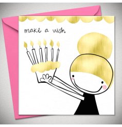 Make A Wish card, featuring a charming girl holding a cake with shimmering gold