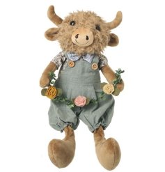 Add a touch of rustic charm with the Dangly Legs Highland Cow in Blue Dungarees 