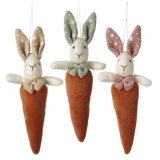 A charming assortment of 3 hanging rabbit carrot decorations in lovely pastel colours.