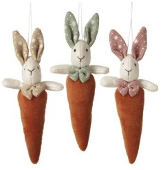 A charming assortment of 3 hanging rabbit carrot decorations in lovely pastel colours.