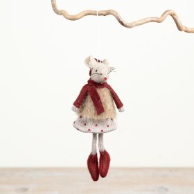 Delightful 15cm hanging mice featuring a bright red scarf and a cheery polka dot skirt