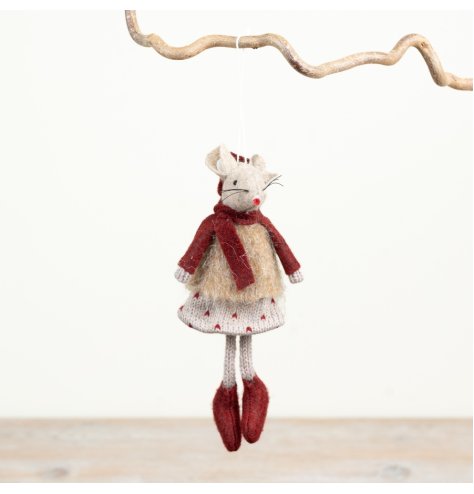 Delightful 15cm hanging mice featuring red scarves and cheerful polka dot skirts