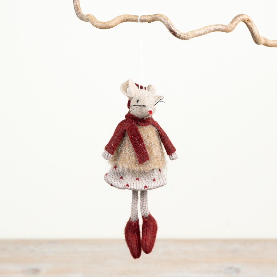 Delightful 15cm hanging mice featuring a bright red scarf and a cheery polka dot skirt