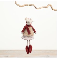 Adorable 15cm hanging mice featuring a bright red scarf and a lively polka dot skirt