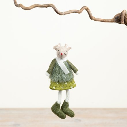 Girl Green Skirt Polka Dot Hanging Mice, 15cm 
