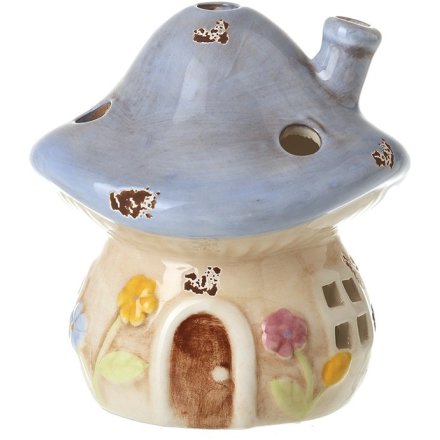Blue Floral Ceramic Mushroom House, 9.8cm 
