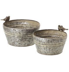 Add a charming vintage touch to your home or garden with this set of two rustic metal buckets