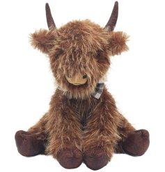 A soft, fluffy Scottish Highland cow with long hair and charming horns.