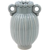 A stylish blue glazed vase with a fluted body, looped side handles, and a decorative beaded rim. 